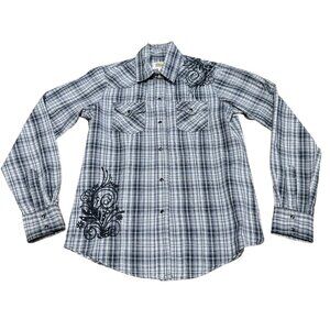 SHYANNE PEARL SNAP PLAID WESTERN SHIRT SZ SMALL BLACK WHITE ROCKABILLY WOMENS